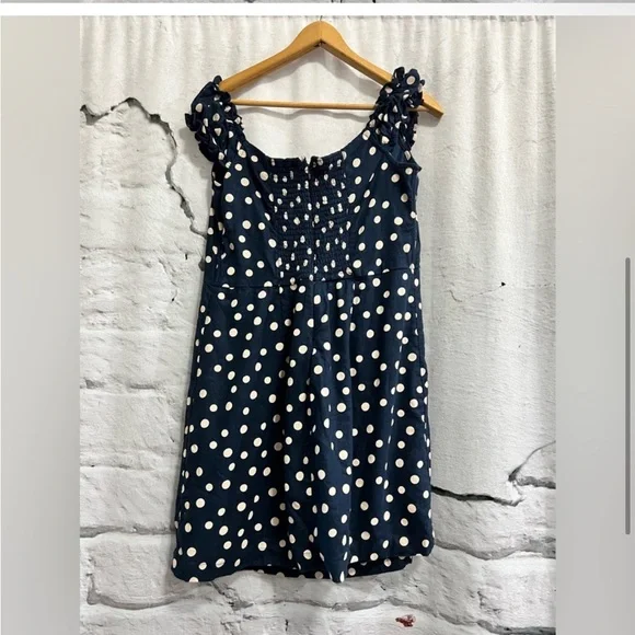 Abercrombie & Fitch Polka Dot Mini Dress Navy Linen Off the Shoulder Romantic - Picture 4 of 6